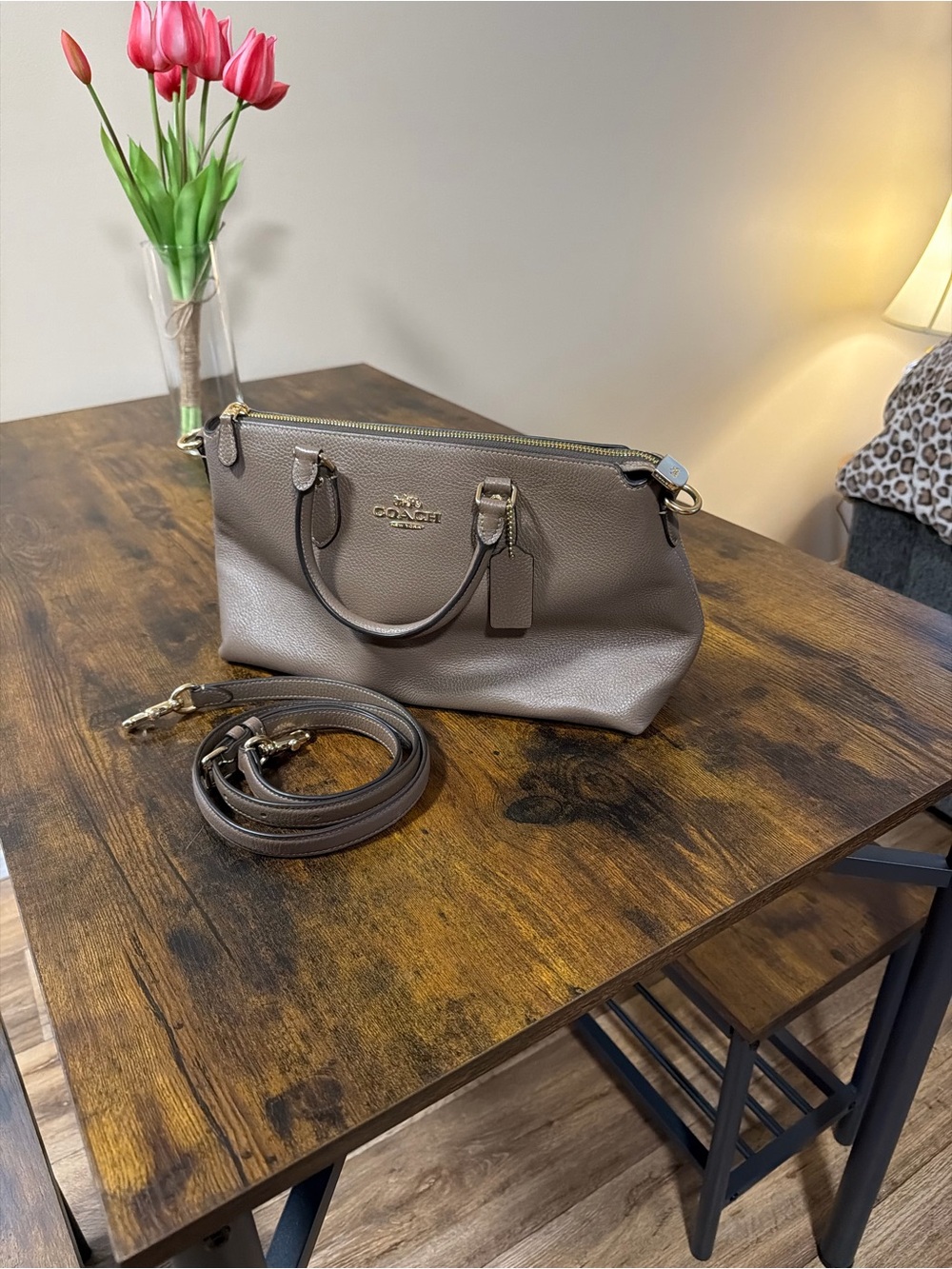 Coach Pebbled Leather Satchel in Taupe with Gold Hardware